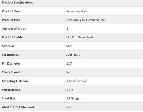 Technical specifications of a secondary rack