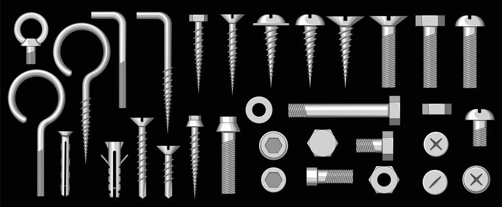 Different types of fasteners used in manufacturing: Screws, bolts